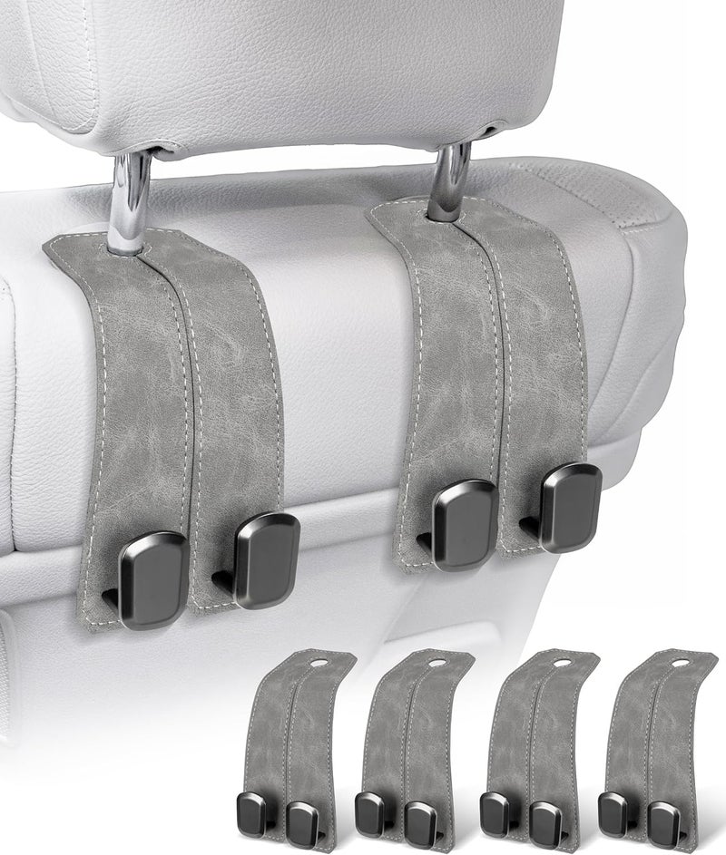 VETERBONE Car Purse Holder - Luxurious Leather, 4PCS Headrest Hooks with 100% Metal Hangers for Seat, Multifunctional Car Bag Hooks, Grey - Image 1